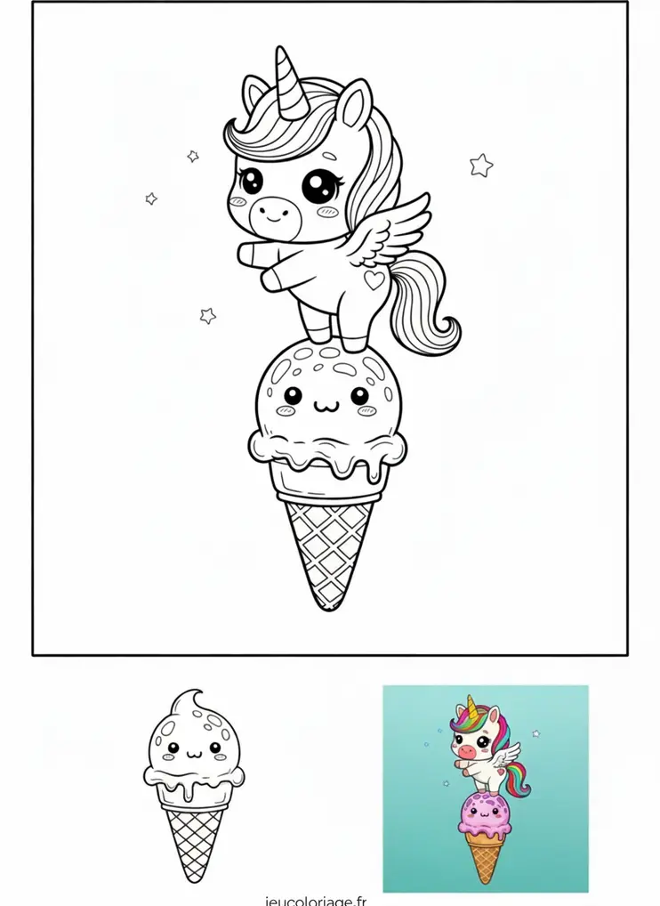 Dessin licorne sur cornet de glace amusant à colorier