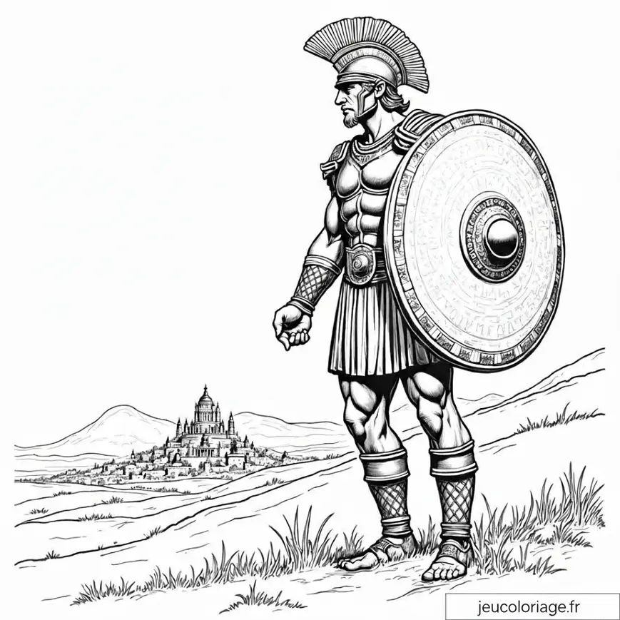 Guerrier antique gardant la cité, dessin à colorier captivant