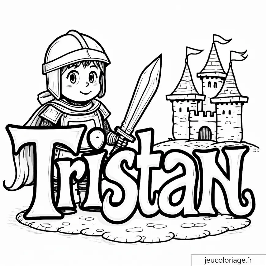 Jeune chevalier Tristan avec son épée et château à colorier
