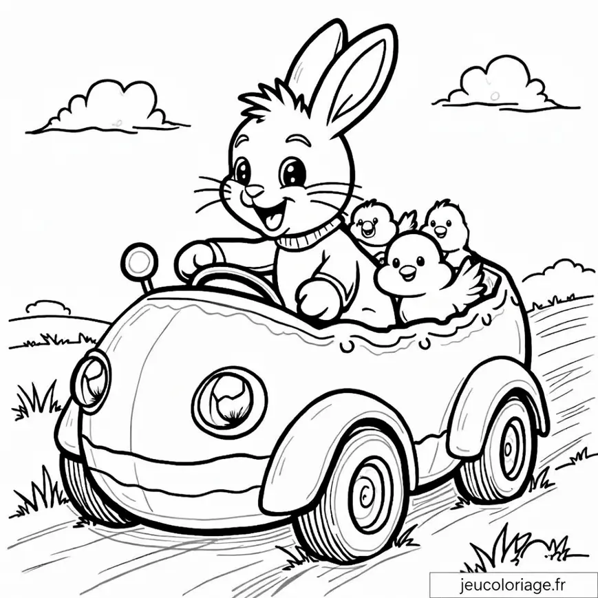 Lapin et oisillons en voiture : un coloriage amusant pour enfants