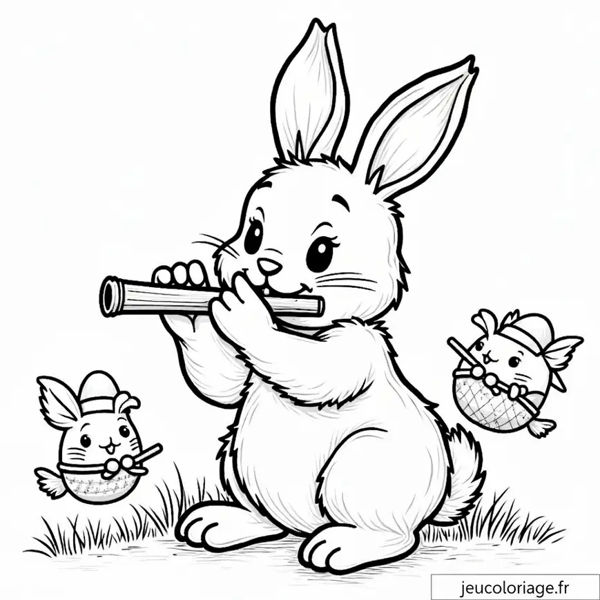Lapin joueur de flûte avec amis animaux à colorier