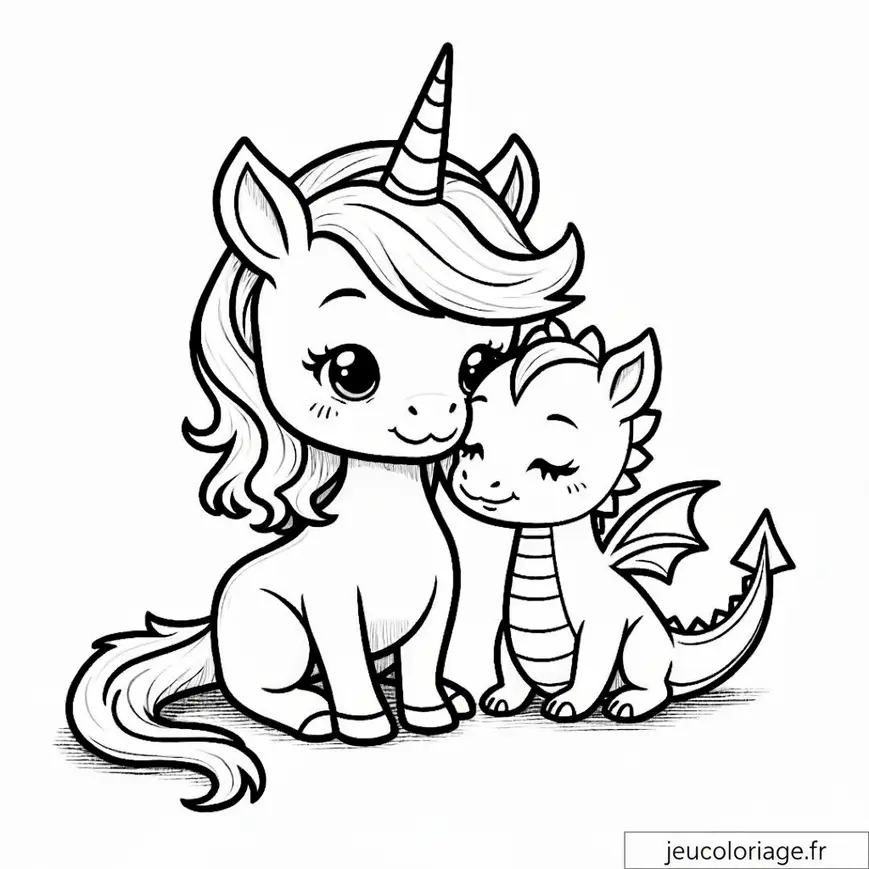 Licorne et dragon câlin : Dessin magique à colorier