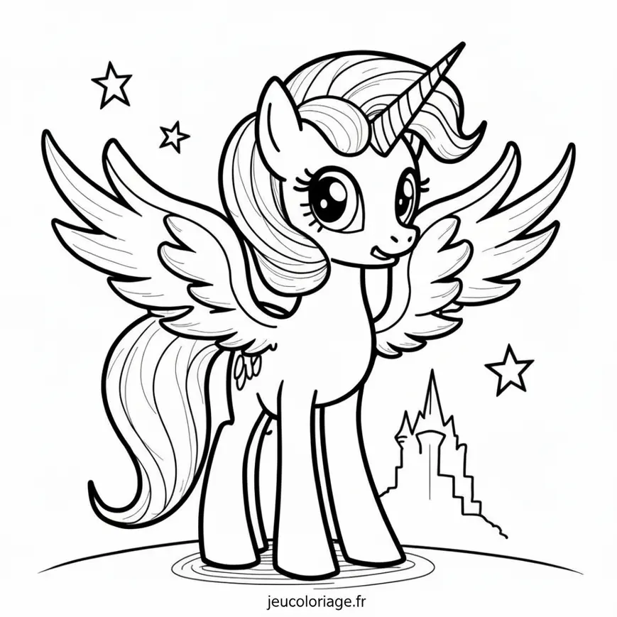 Licorne magique à colorier avec château et étoiles