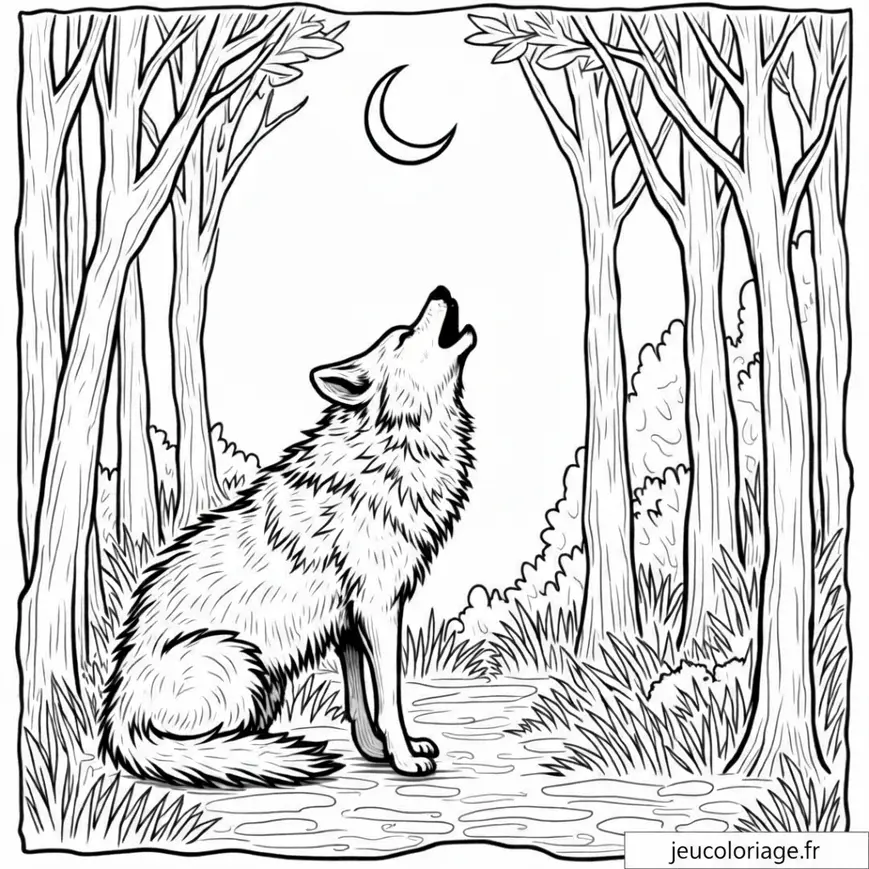 Loup hurlant sous la lune dans une forêt mystique