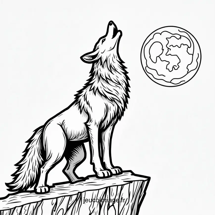 Loup majestueux hurlant à la pleine lune à colorier