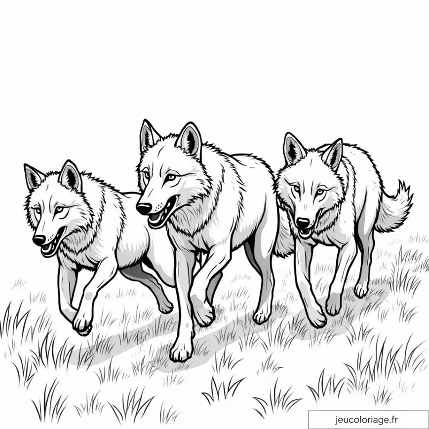 Loup majestueux : trio en pleine course à colorier