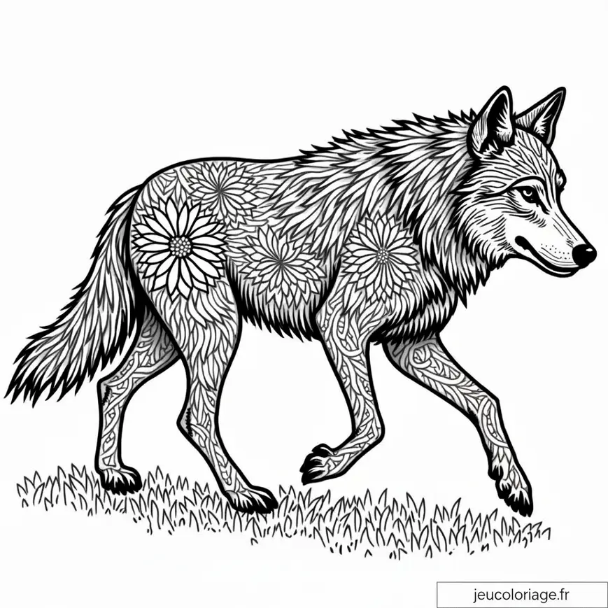Loup à motifs floraux : coloriage relaxant pour adultes