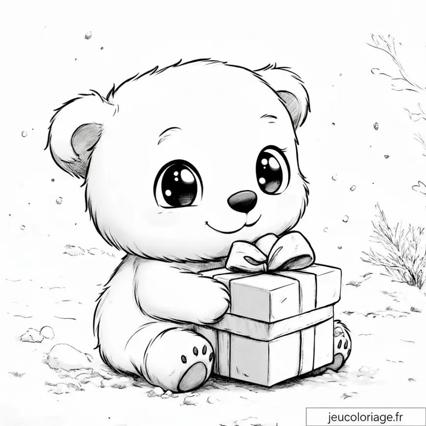 Ours mignon avec cadeau à colorier pour enfants