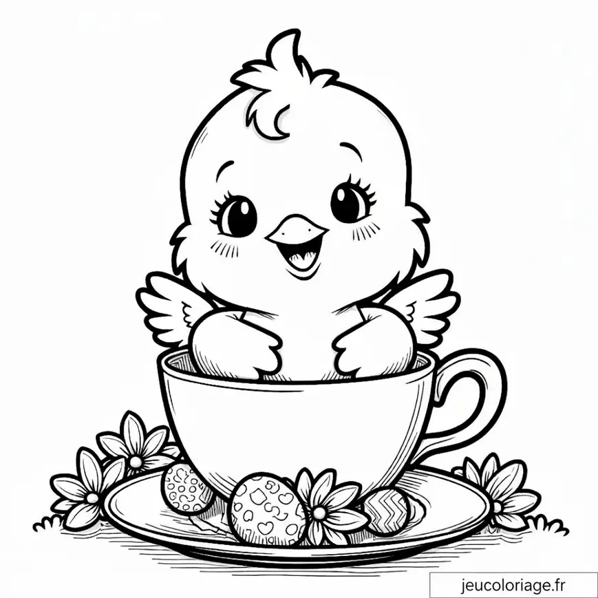 Petit poussin mignon dans une tasse à colorier pour enfants