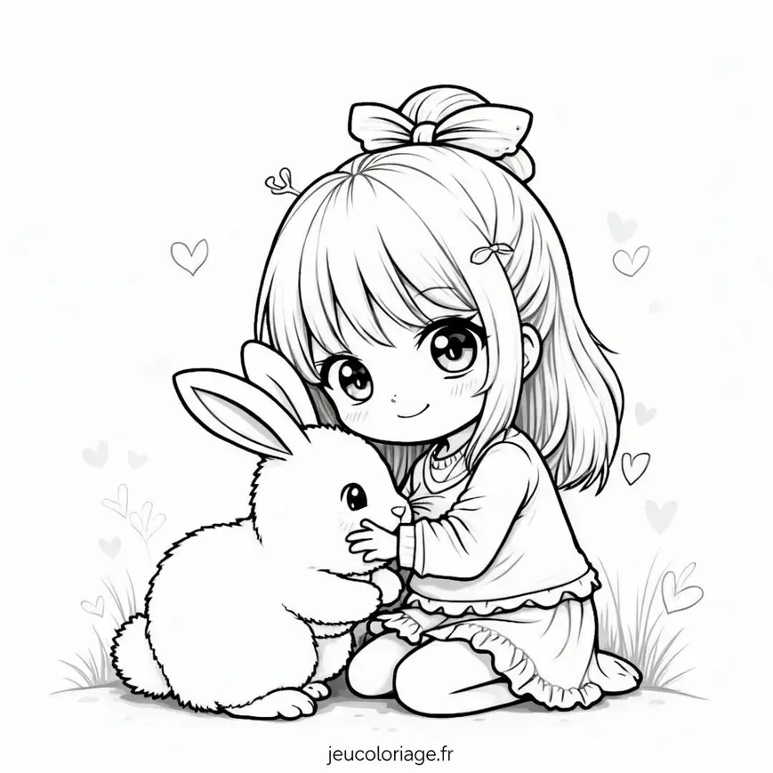 Petite fille et lapin mignon à colorier pour enfants