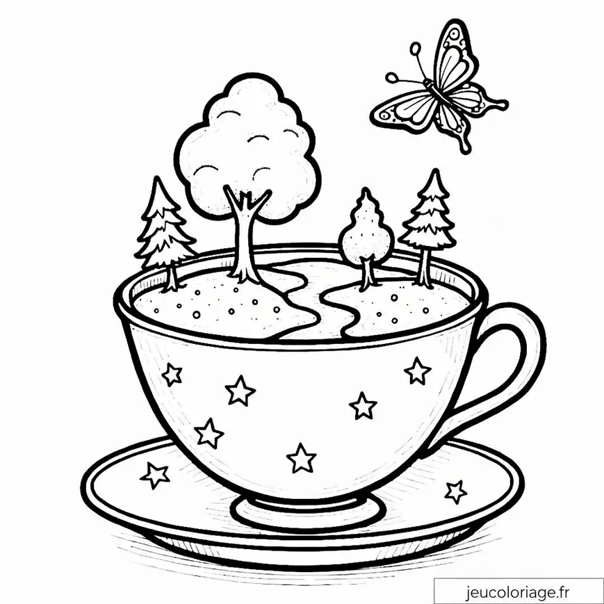 Petite forêt enchantée dans une tasse magique à colorier