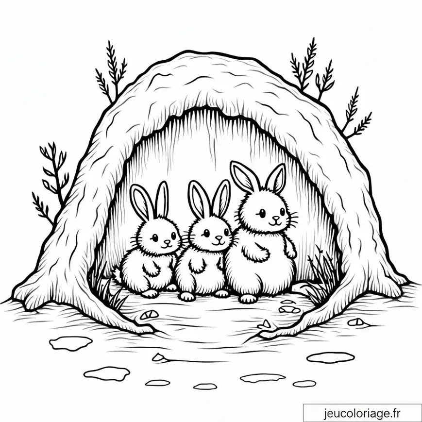 Petits lapins dans leur terrier : dessin à colorier mignon