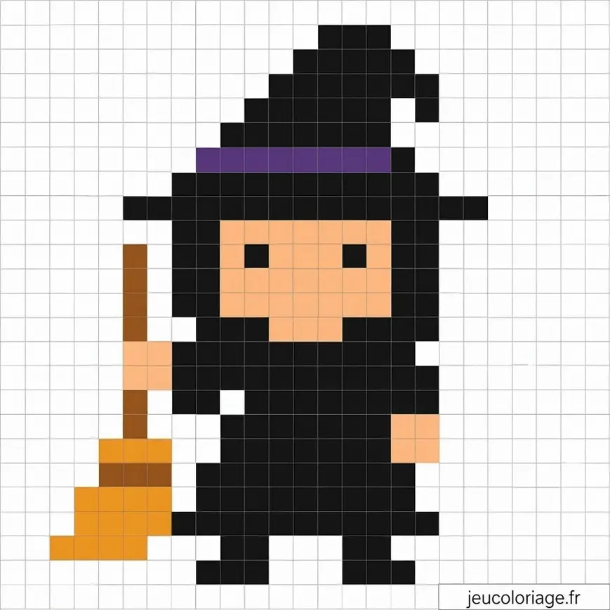 Pixel art : Sorcière mignonne avec balai pour Halloween