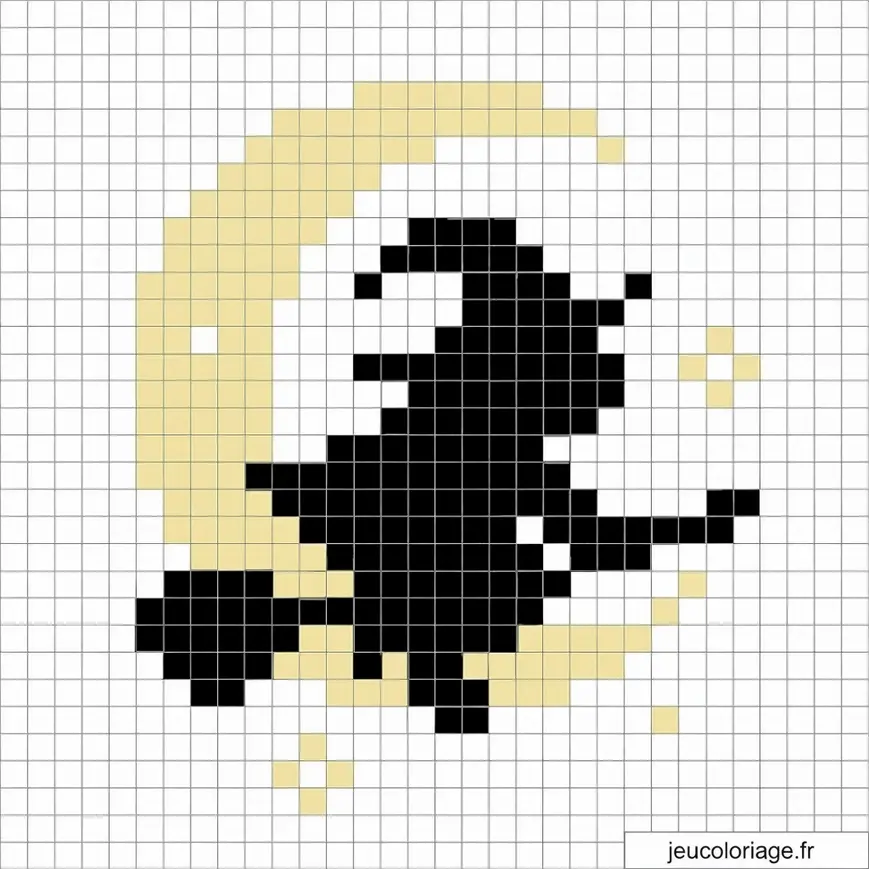 Pixel art sorcière sur lune, motif magique à reproduire