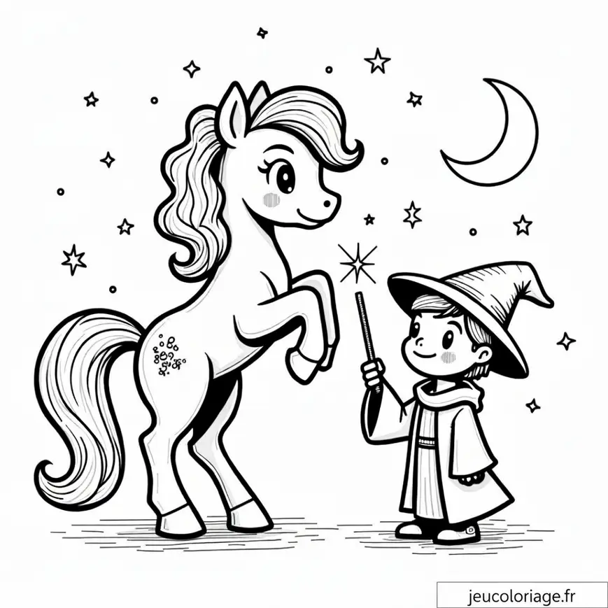 Poney magique et enfant sorcier sous les étoiles à colorier