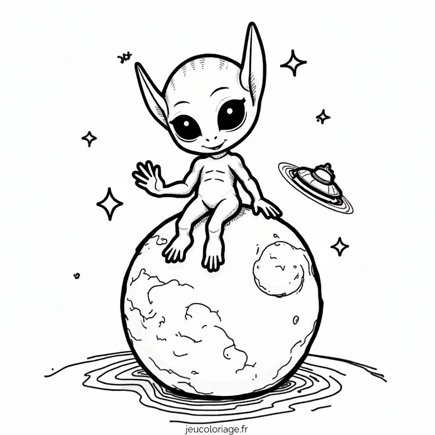 Coloriage d&rsquo;extraterrestre mignon assis sur une planète