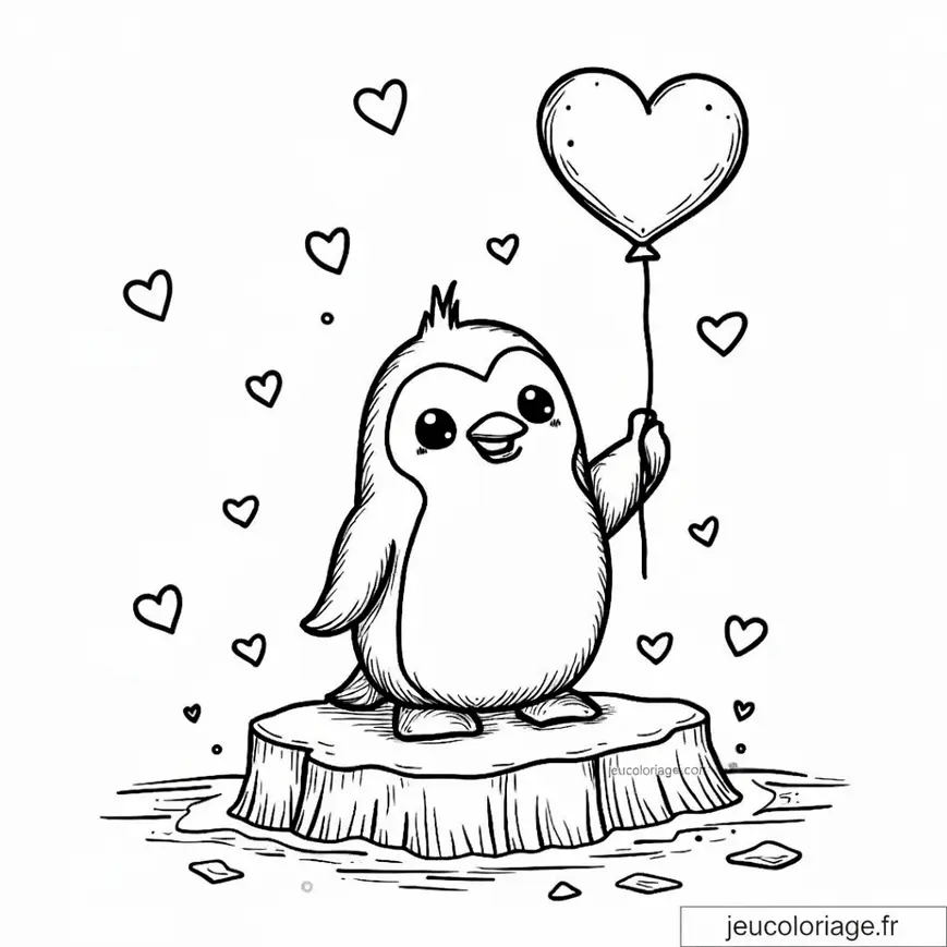 Adorable pingouin avec ballon cœur à colorier