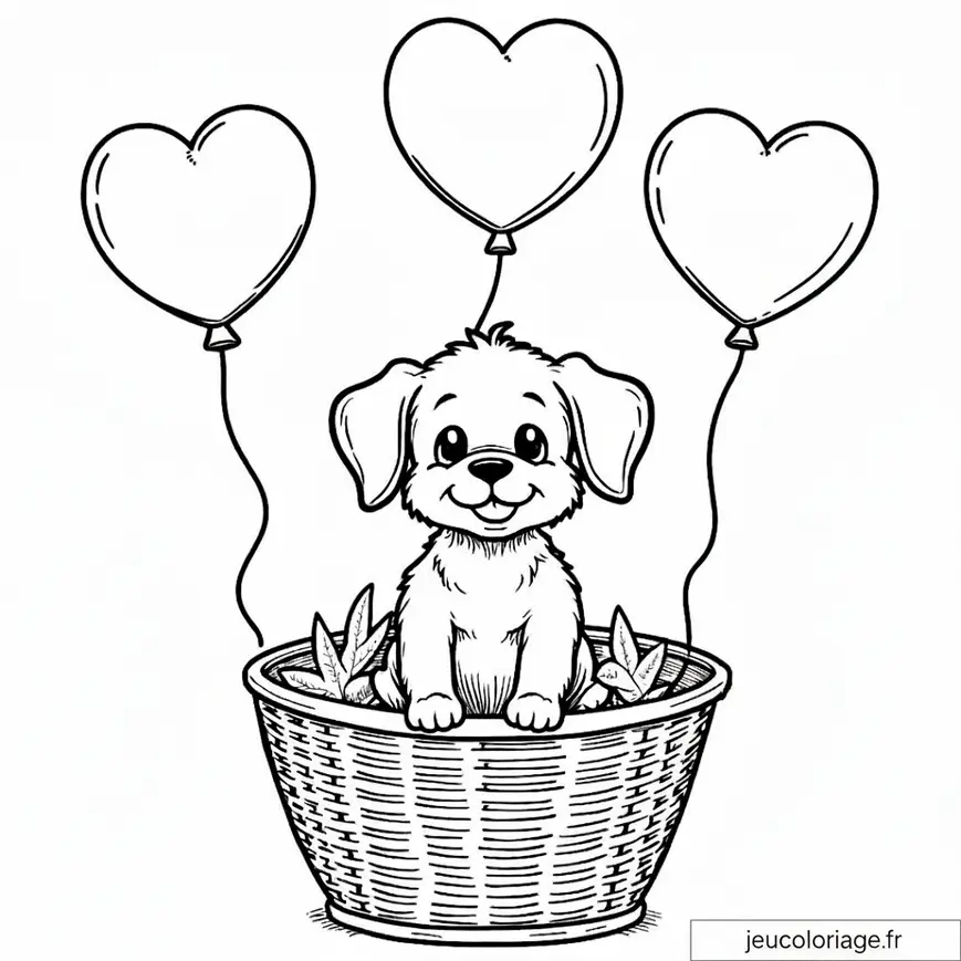 Chiot mignon avec ballons en forme de cœur à colorier