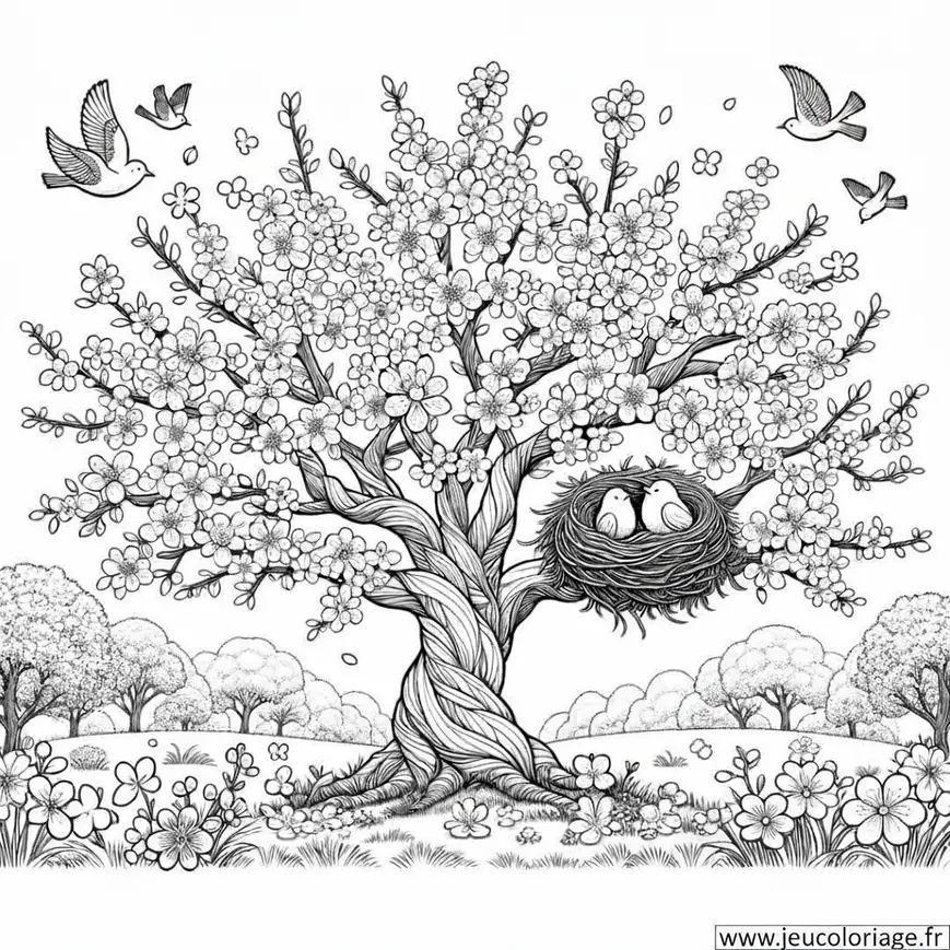 Coloriage Arbre en floraison avec nid d&rsquo;oiseaux