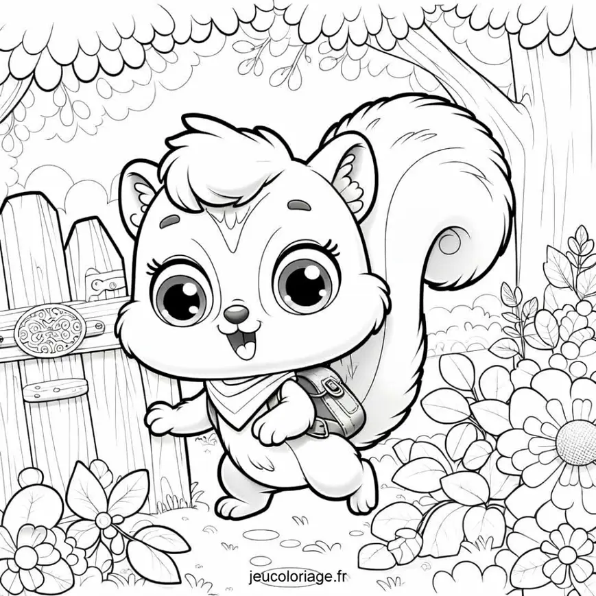 Coloriage Écureuil Explorant un Jardin Secret
