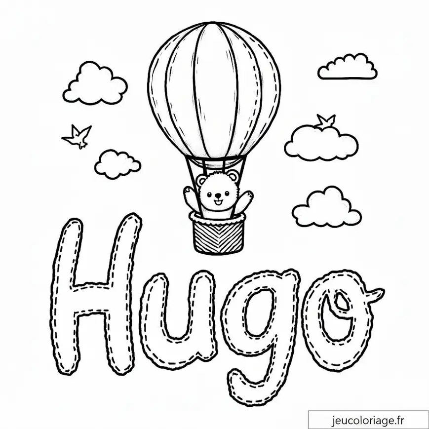 Coloriage Enfant : Montgolfière Ourson et Prénom Hugo