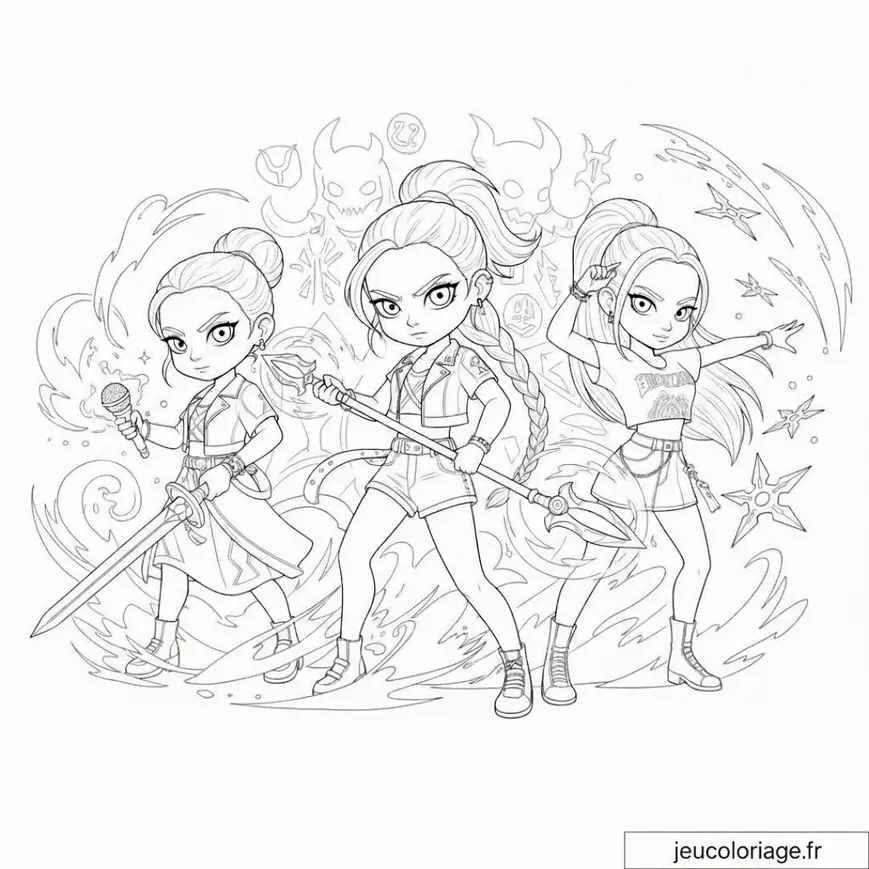 Coloriage HUNTR/X Romi, Mira et Zoey en pleine action