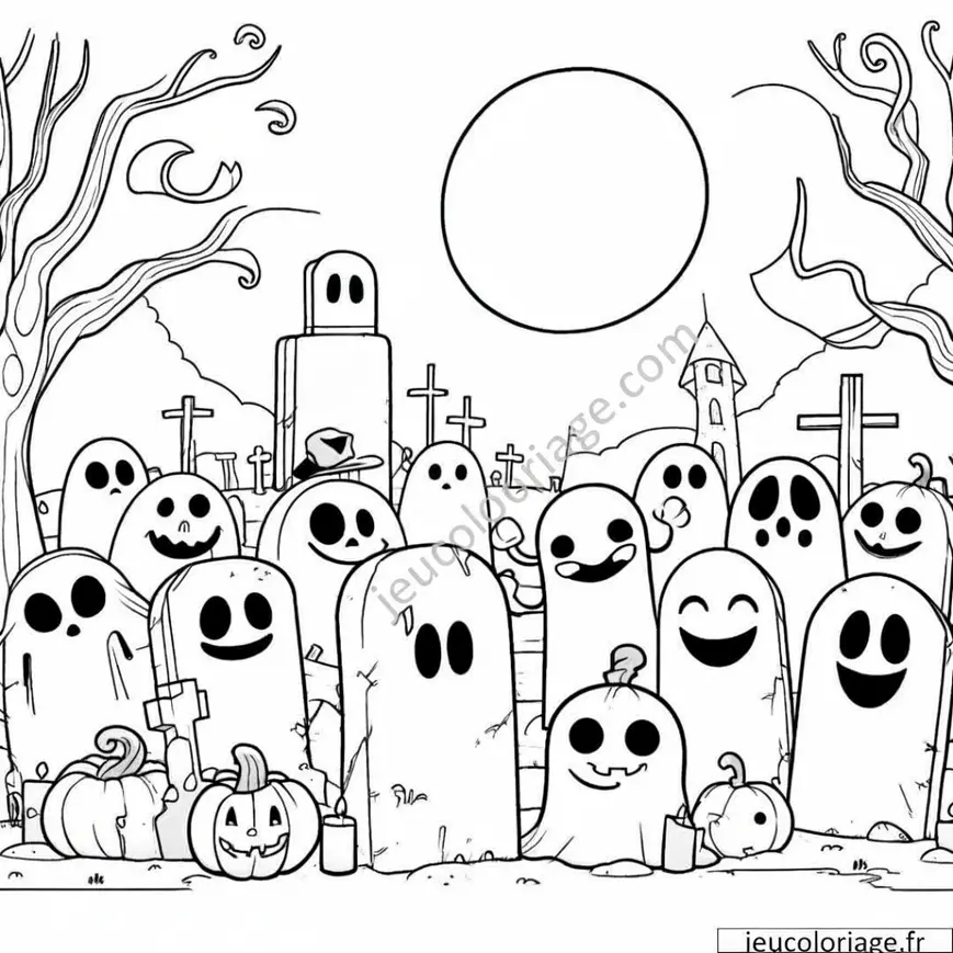 Coloriage Halloween de cimetière avec tombes