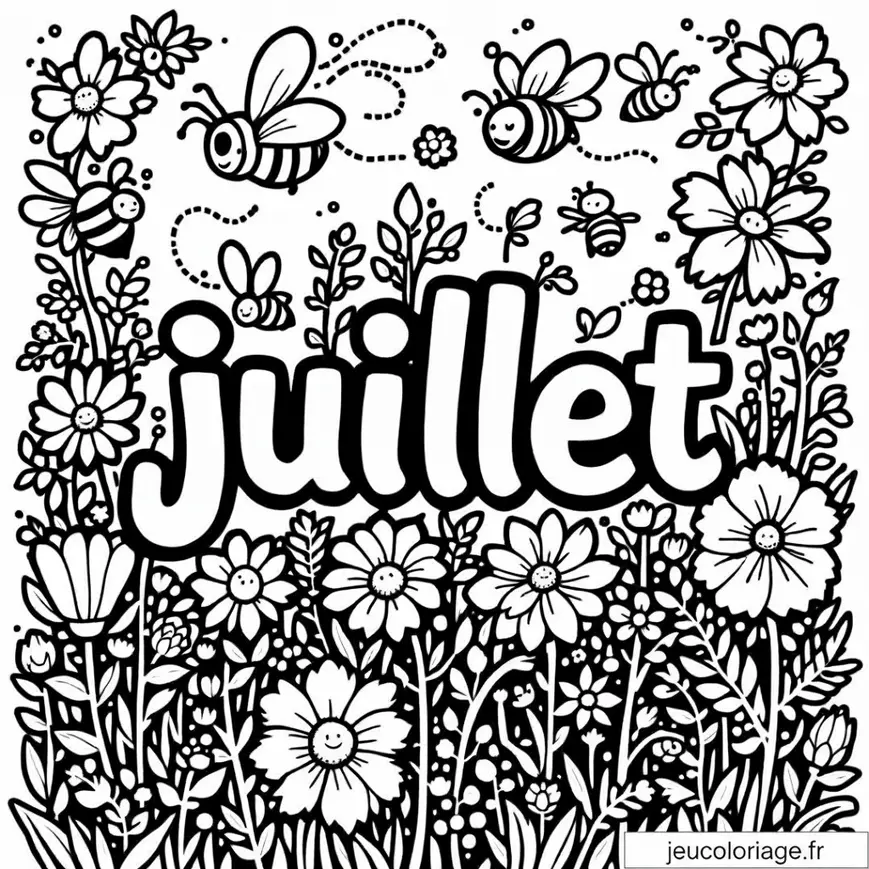 Coloriage Juillet Fleuri : Abeilles et Fleurs à Colorier