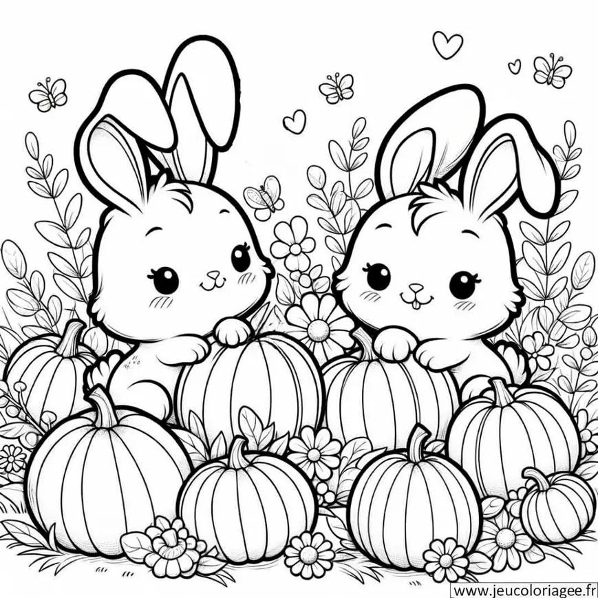 Coloriage Lapins dans un champ de citrouilles