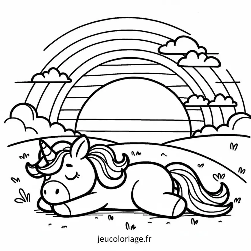 Coloriage Licorne et soleil couchant