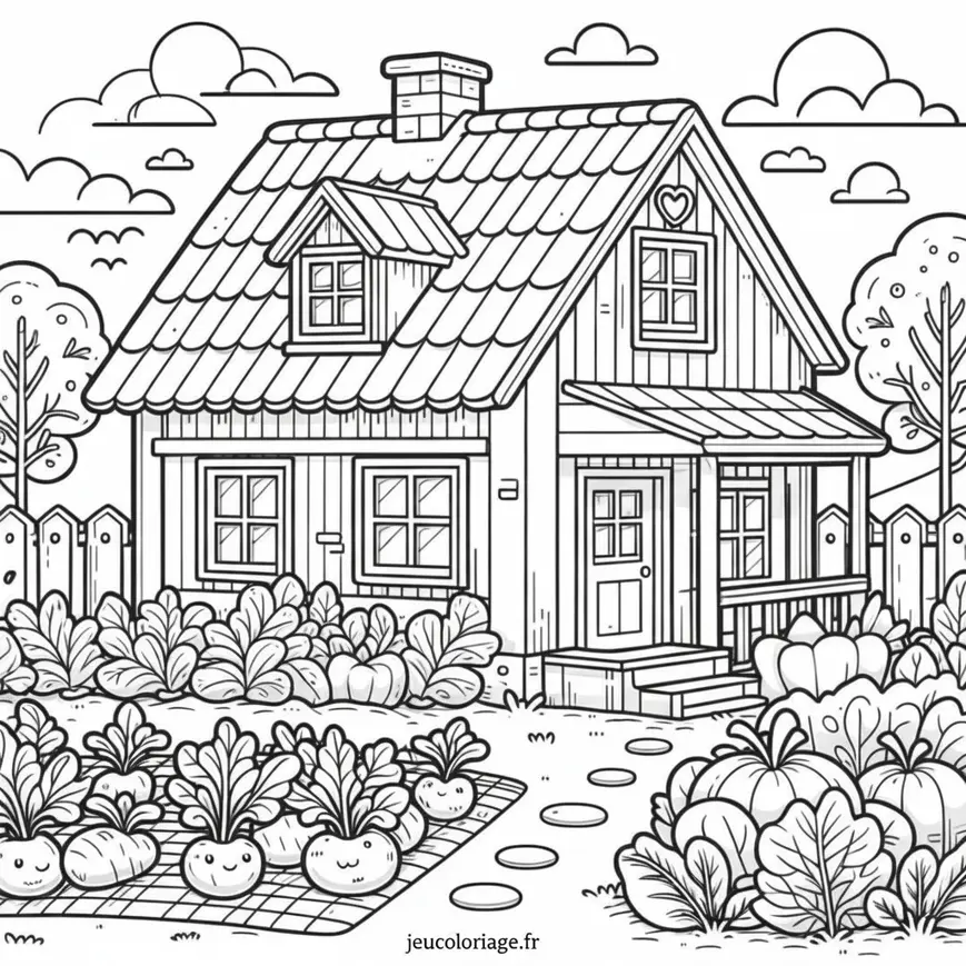Coloriage Maison de ferme avec un potager