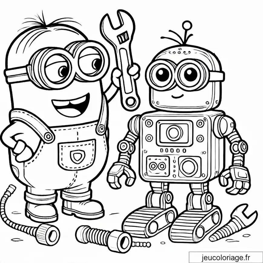 Coloriage Minion construisant un robot