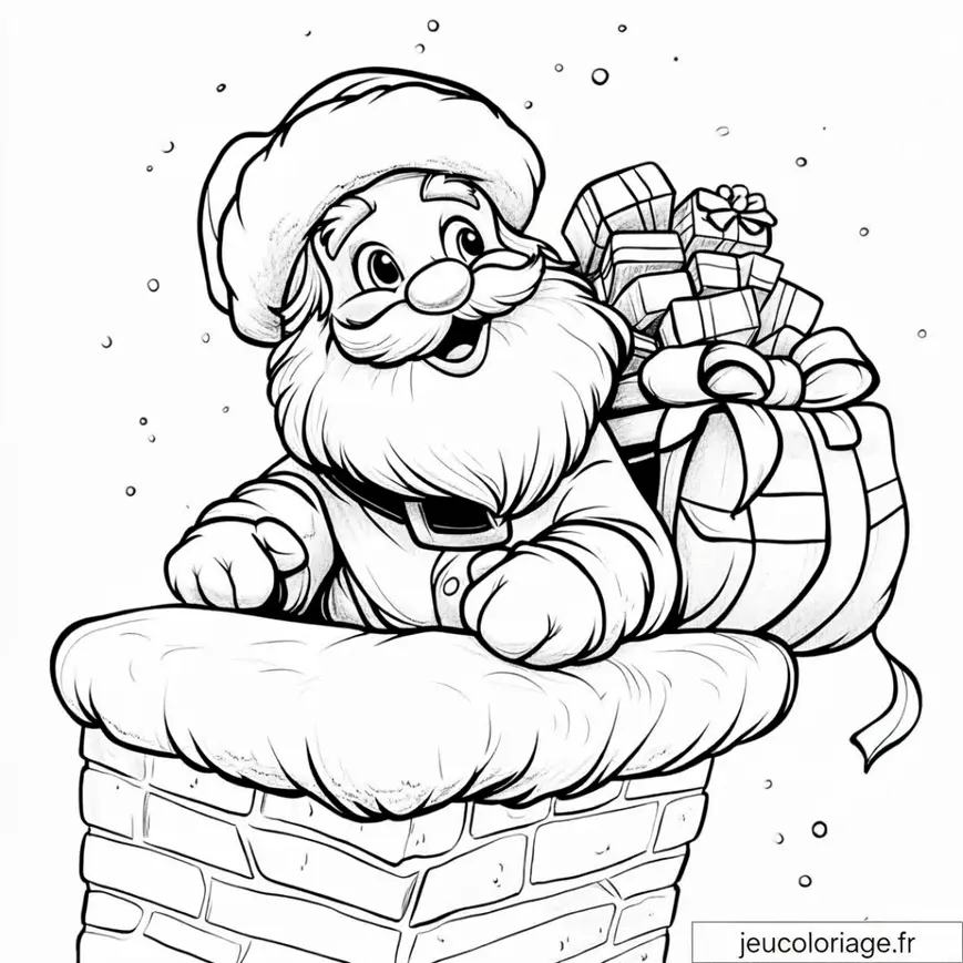Coloriage Père Noël avec cadeaux dans une cheminée