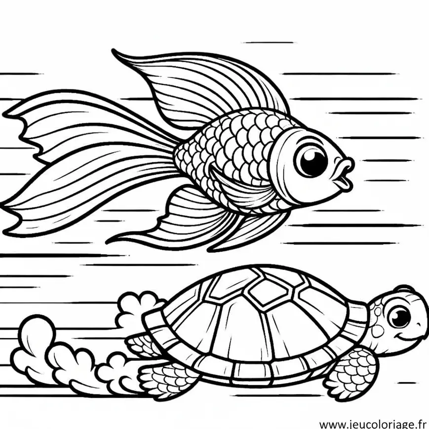 Coloriage Poisson rouge faisant une course avec une tortue