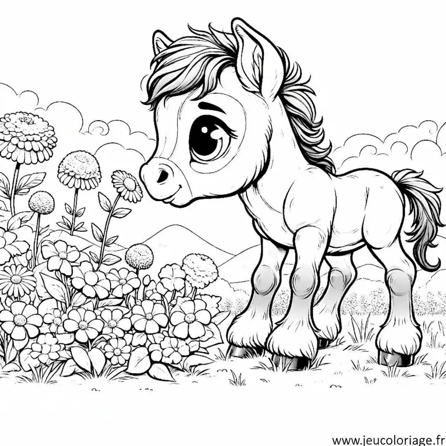 Coloriage Poulain découvrant des fleurs sauvages