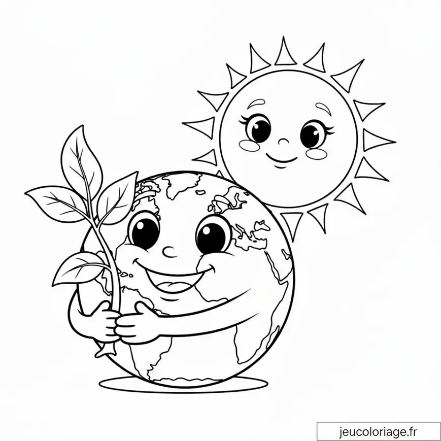 Coloriage Terre joyeuse avec plante et soleil souriant