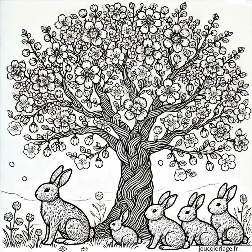 Coloriage arbre en fleurs avec une famille de lapins
