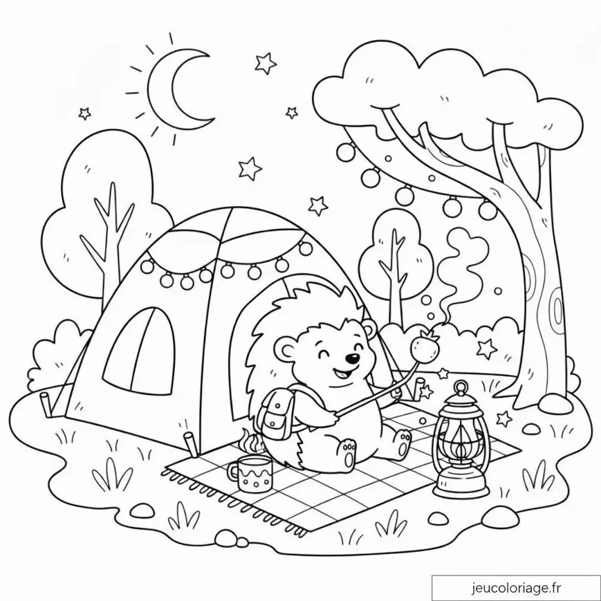 Coloriage astro-camping avec hérisson adorable sous la lune