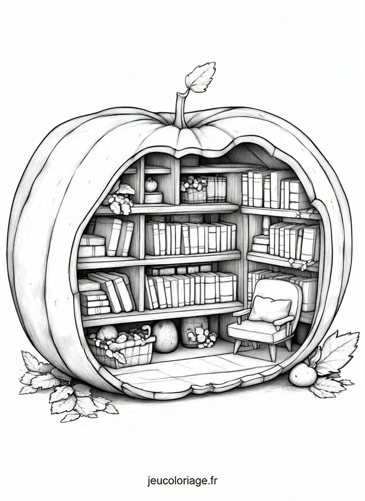 Coloriage bibliothèque citrouille magique pour l&rsquo;automne