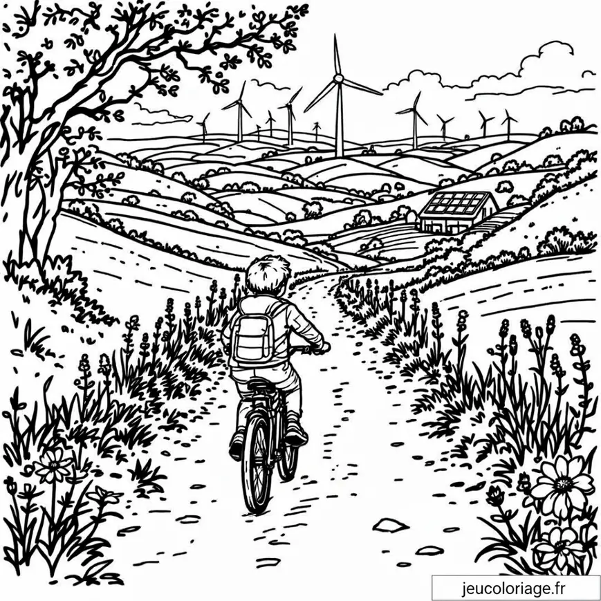 Coloriage champêtre : enfant à vélo dans la nature