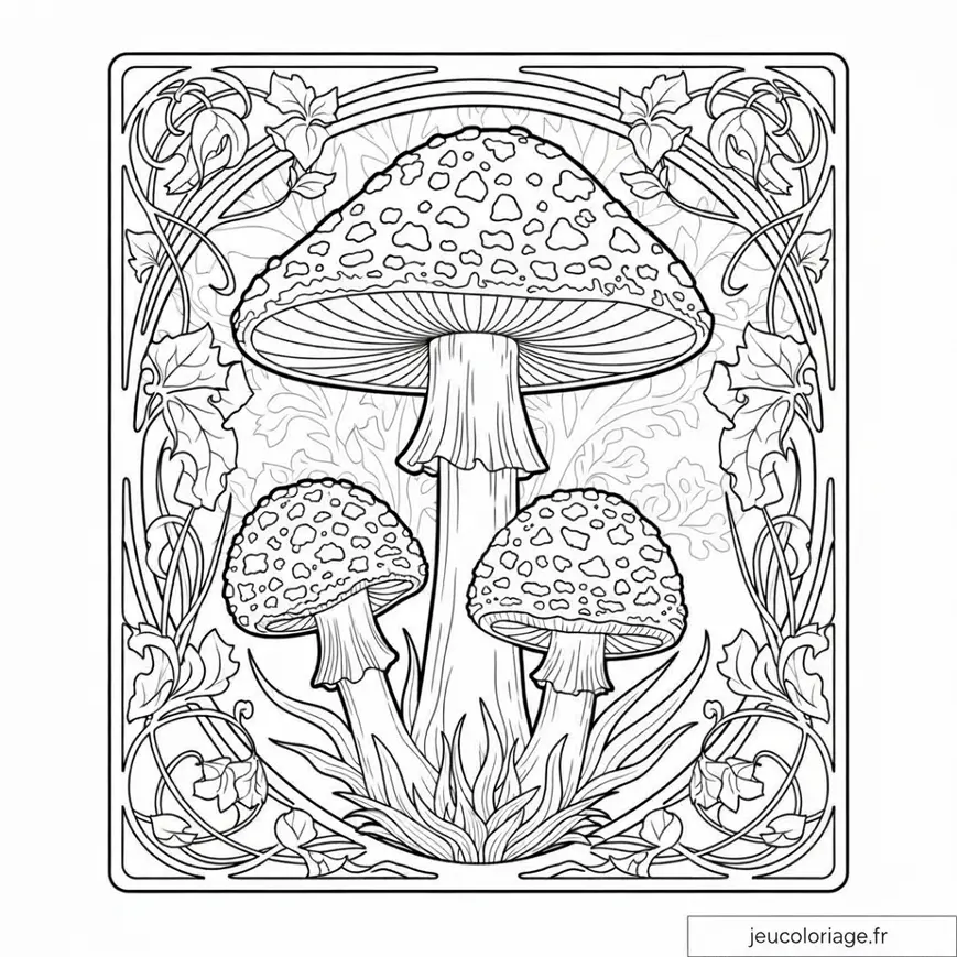 Coloriage champignons féeriques et feuillage envoûtant