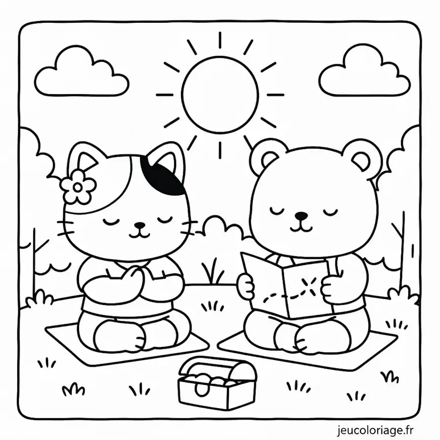 Coloriage chat et ours en pique-nique sous le soleil