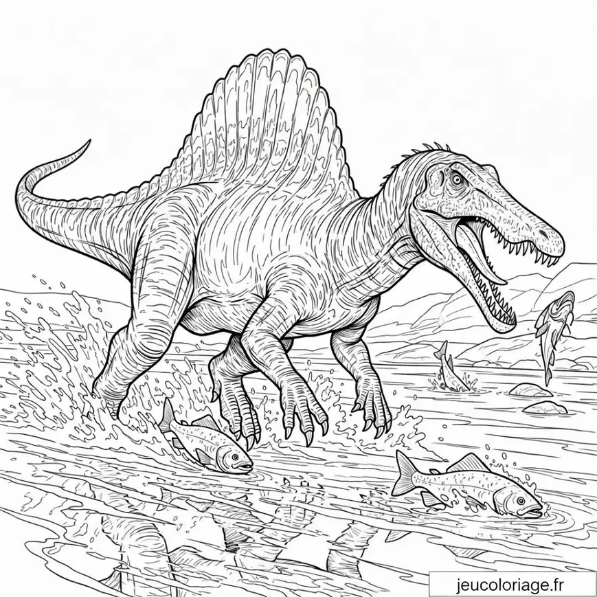 Coloriage de Dinosaure Spinosaurus en Pleine Pêche