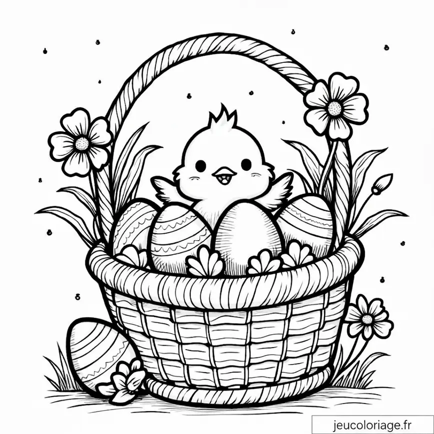 Coloriage de Pâques : poussin et œufs dans un panier festif