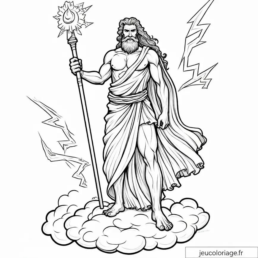 Coloriage de Zeus sur Nuage avec Éclairs