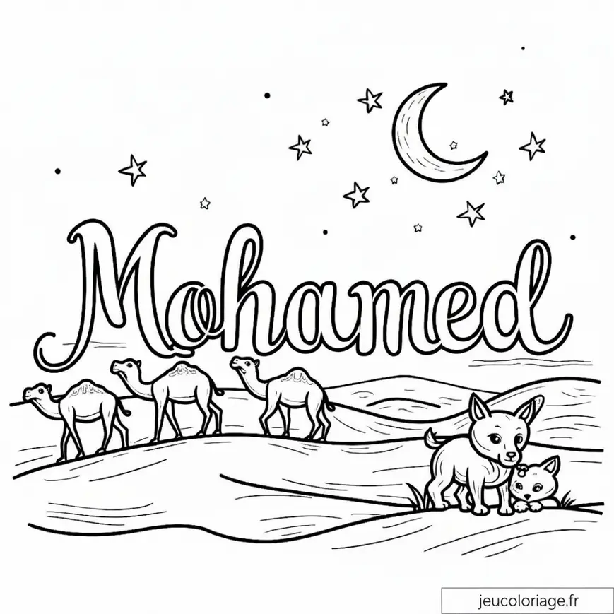 Coloriage de désert avec dromadaires et animaux mignons