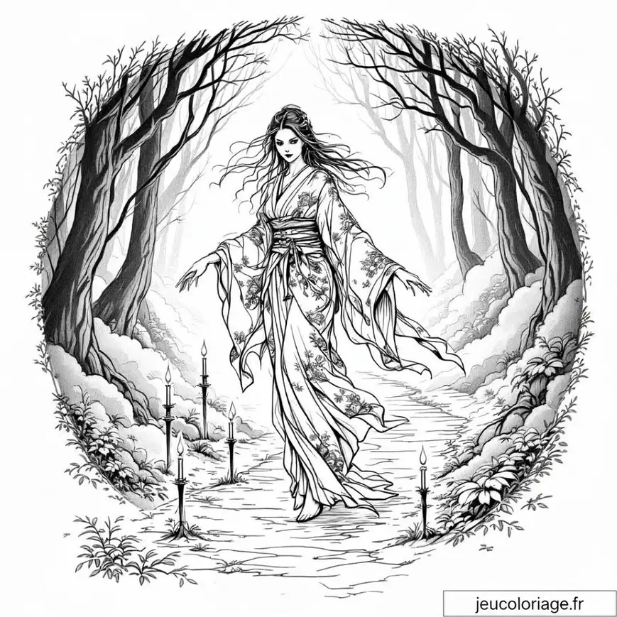 Coloriage de femme en kimono dans une forêt mystérieuse