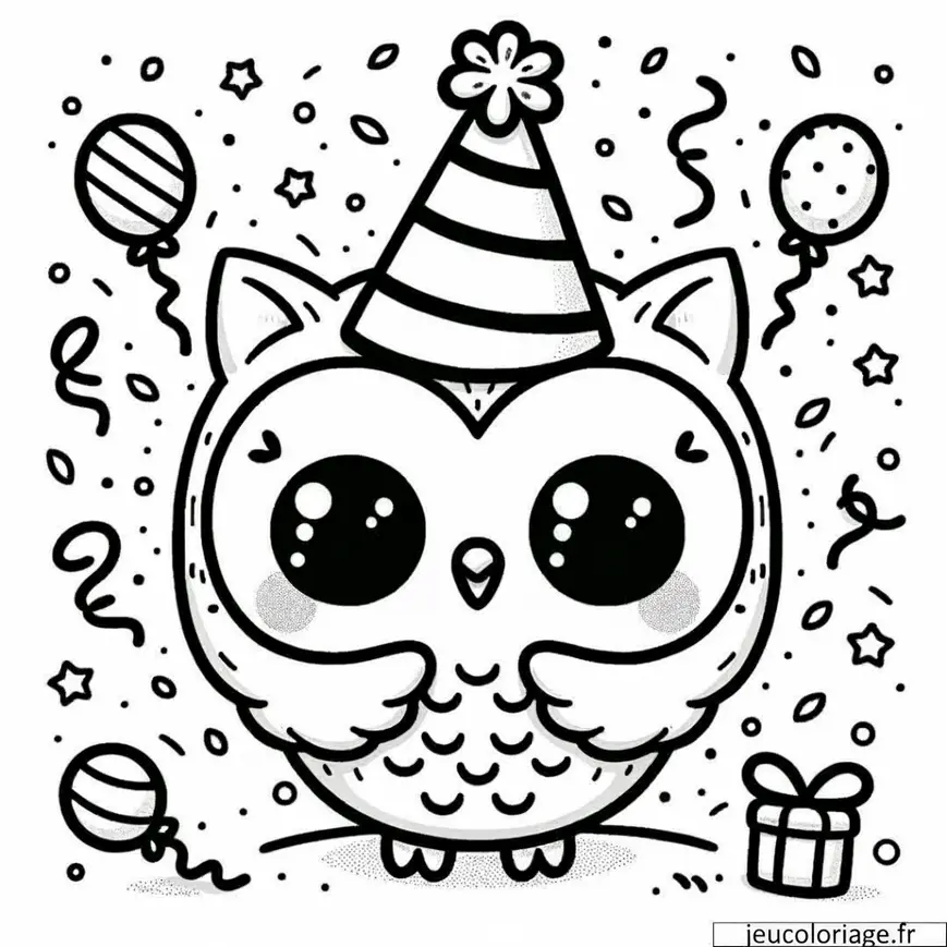 Coloriage de hibou kawaii avec un chapeau de fête