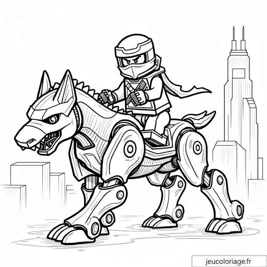 Coloriage de ninja sur un chien-robot dans la ville