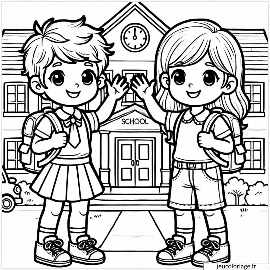Coloriage d&rsquo;enfants devant l&rsquo;école